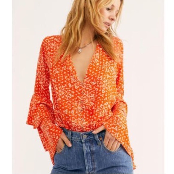 FREE PEOPLE - SHE'S DITSY RUFFLE SLEEVE BODYSUIT - ORANGE - Picture 2 of 10
